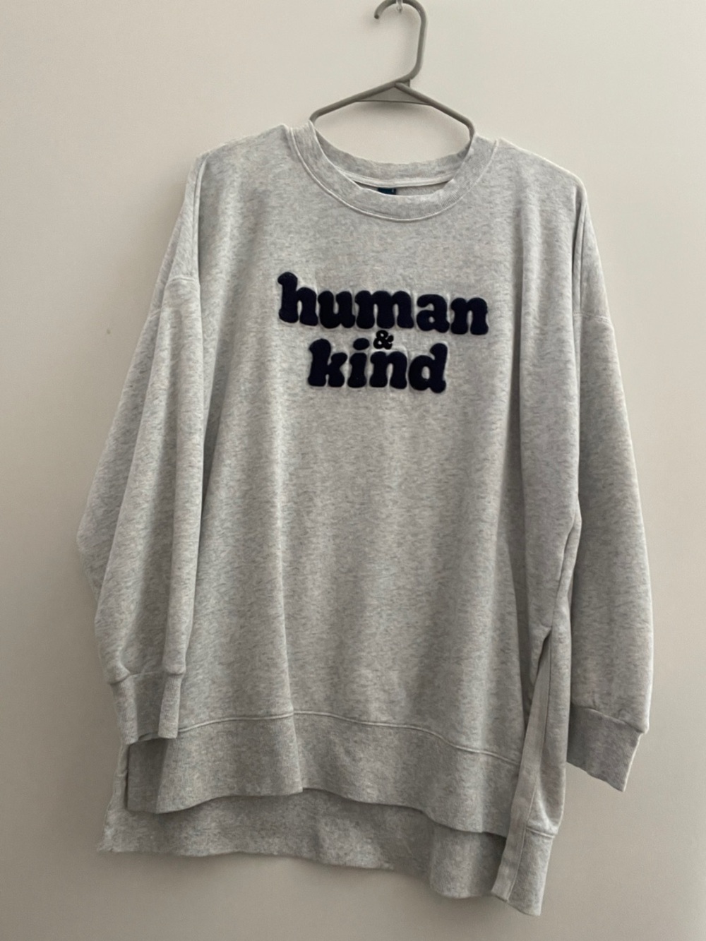 Old Navy Light Gray Crewneck Sweatshirt with Navy 'human & kind' Applique